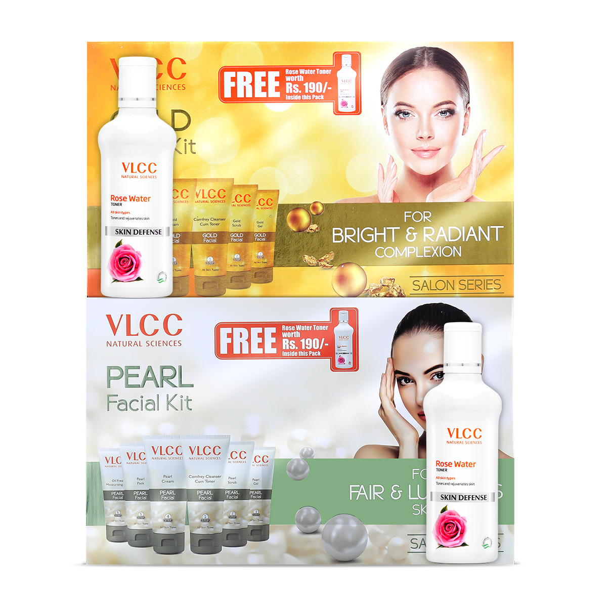 VLCC Pearl Facial Kit with Free Rose Water Toner & Gold Facial Kit with Free Rose Water Toner