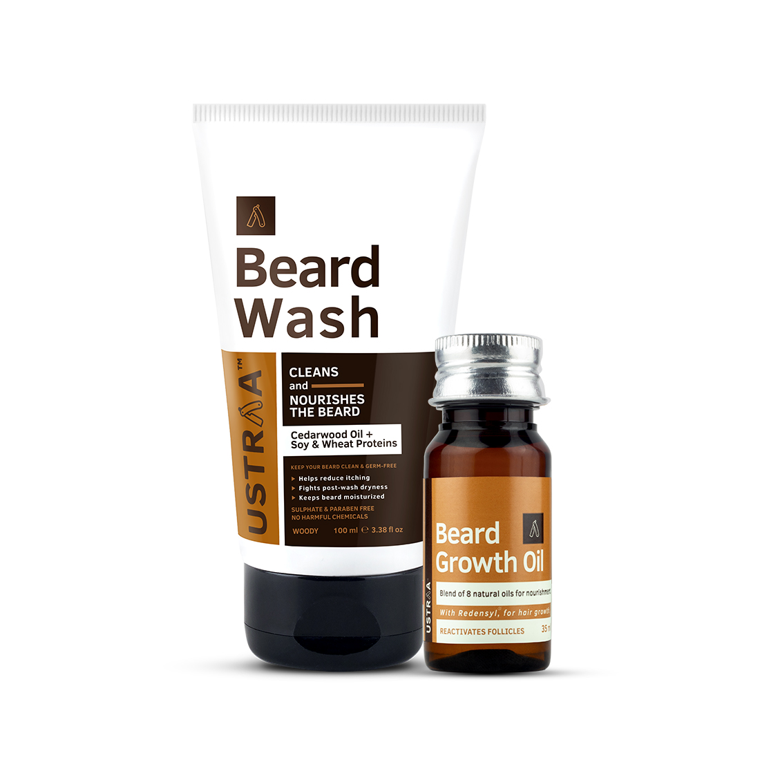 Ustraa Beard Growth Oil & Woody Beard Wash Combo for Complete Beard Care