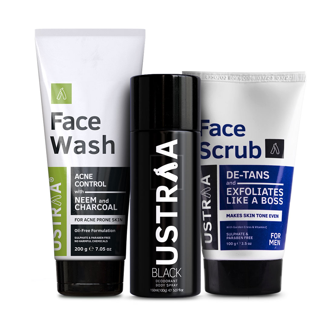 Ustraa Combo For Men: Deodorant Black + Face Wash Neem & Charcoal + Face Scrub De-Tan