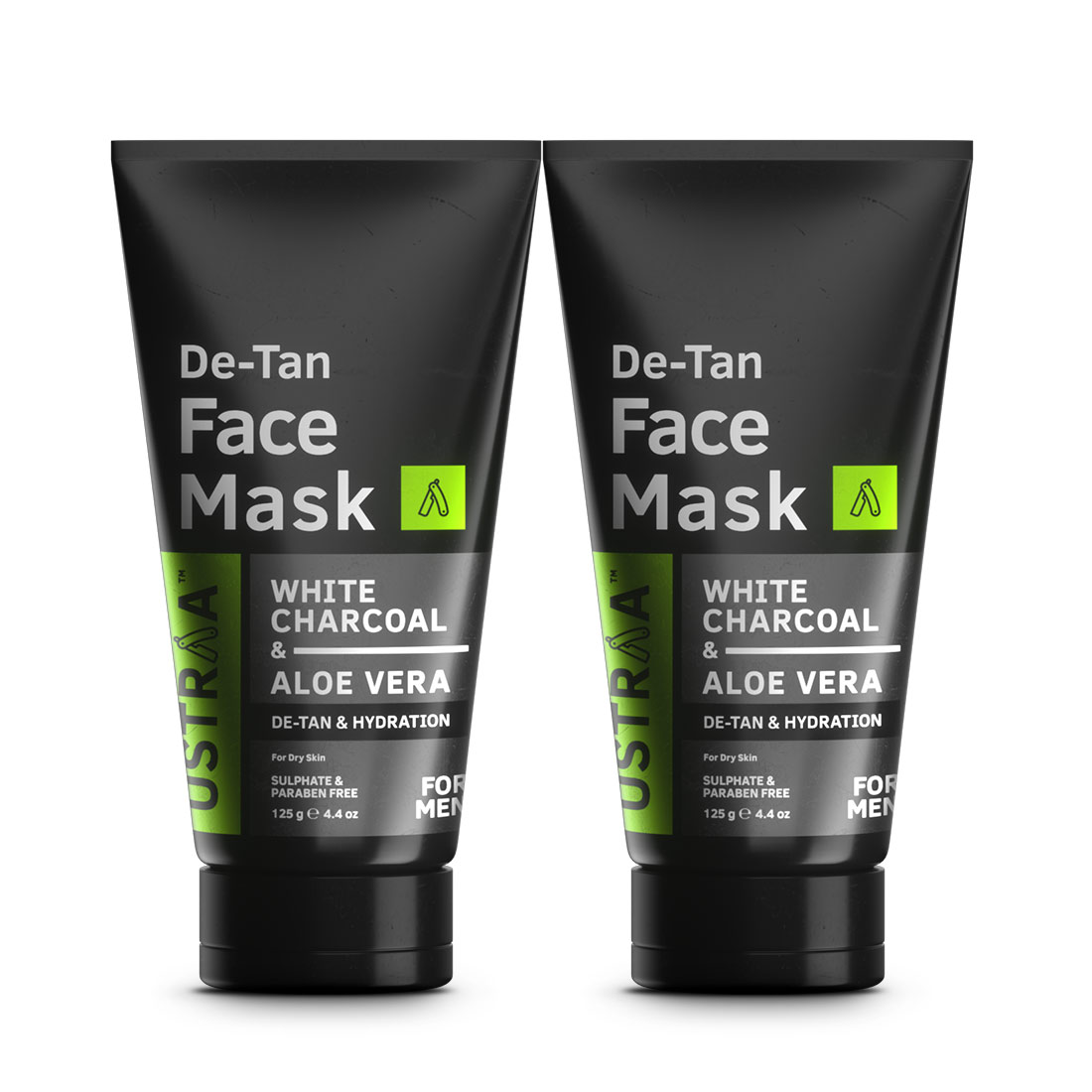 Ustraa De Tan Face Mask for Men with Dry Skin  125 g - For Tan Removal and Even Skin Tone with Kaolin Clay, White Charcoal, Aloe Vera and Olive Oil