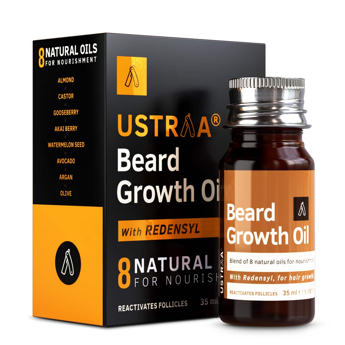 Ustraa Beard Growth Oil, Beard Oil for more Beard Growth with Redensyl, 8 Natural Oils including Jojoba Oil & Vitamin E, 35ml