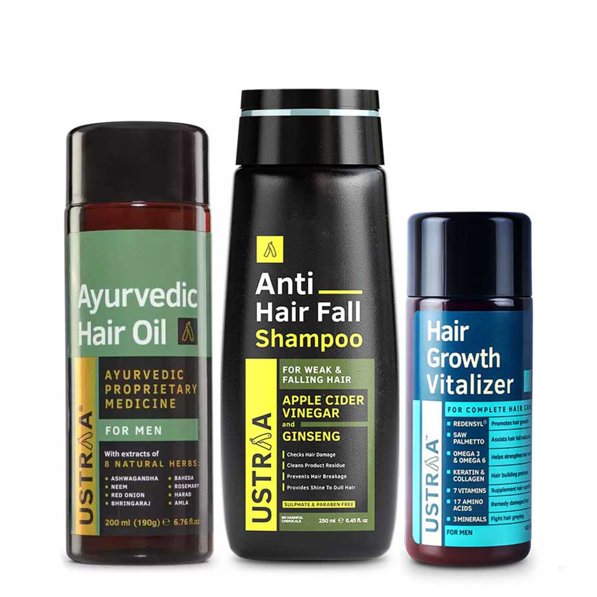 Ustraa Hair Growth & Protection Pack: Anti Hair Fall Shampoo + Ayurvedic Hair Oil + Hair Growth Vitalizer