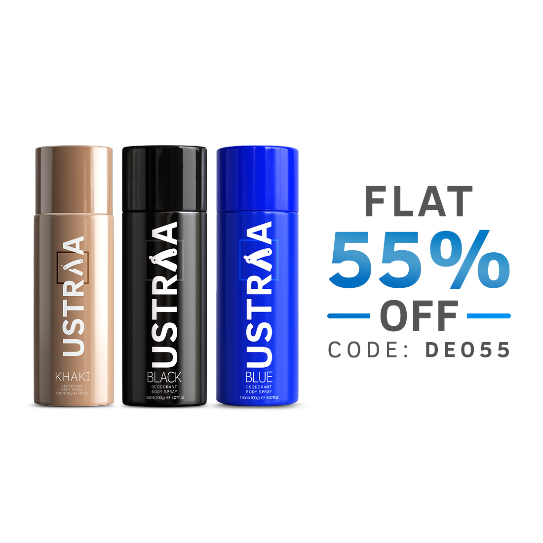 Ustraa Deodorant Body Spray - 150 ml - Blue,Khaki & Black- Set of 3