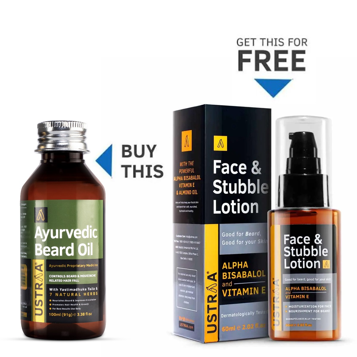 Ustraa Ayurvedic Beard Growth Oil & Get Free Face & Stubble Lotion For Beard Softening