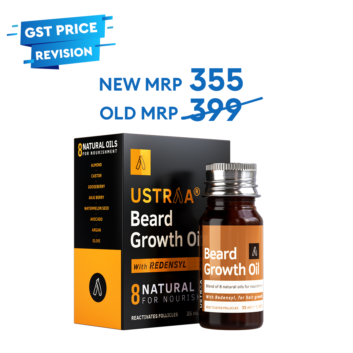 Ustraa Beard Growth Oil, Beard Oil for more Beard Growth with Redensyl, 8 Natural Oils including Jojoba Oil & Vitamin E, 35ml