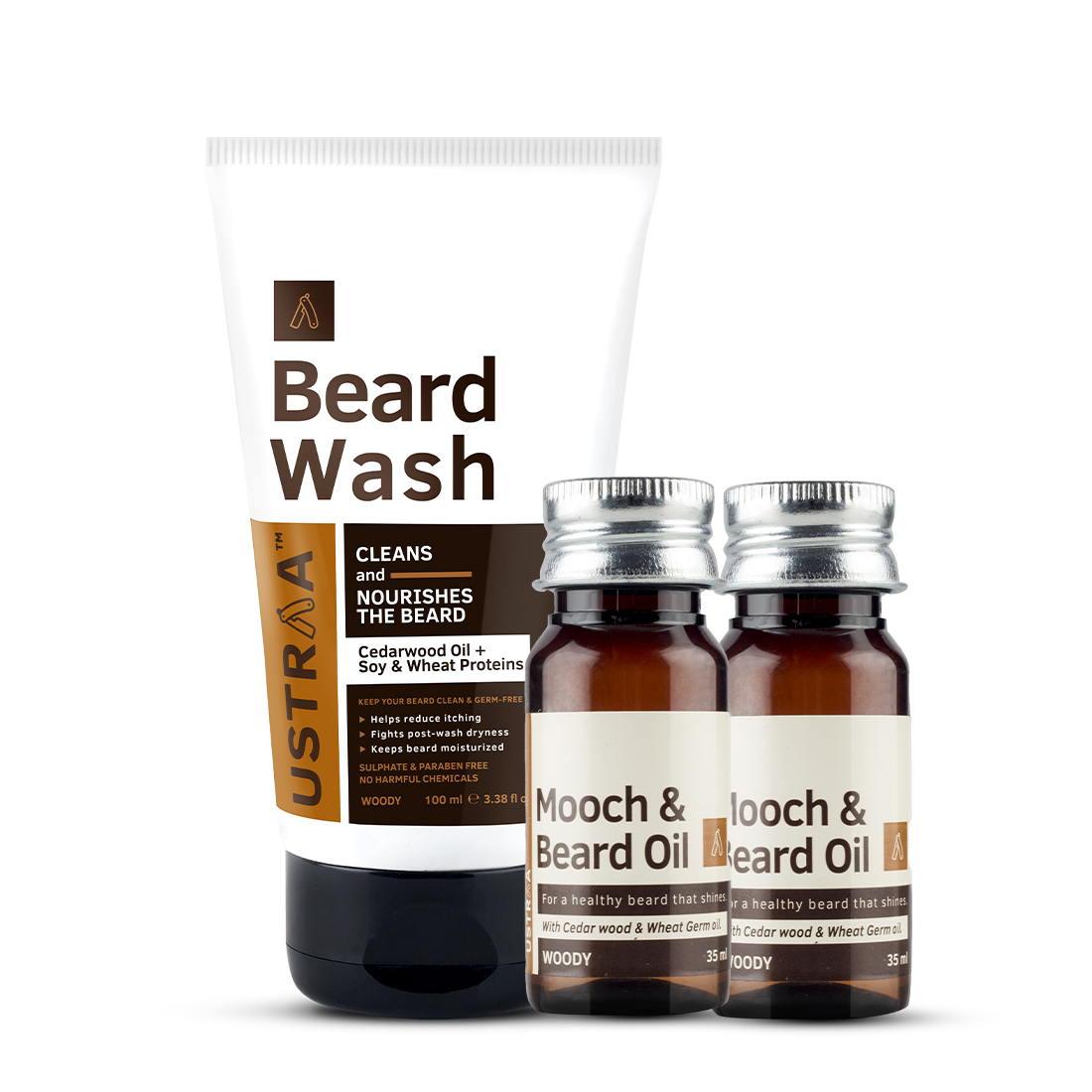 Ustraa Mooch & Beard Oil - Set of 2 & Beard Wash - Woody