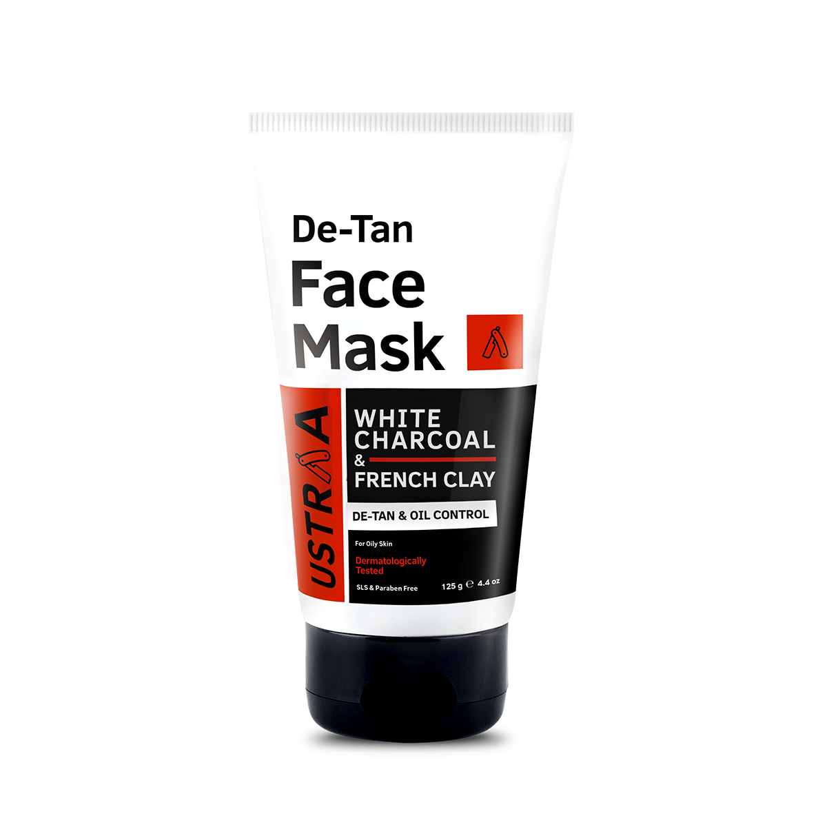 Ustraa De Tan Face Mask for Men with Oily Skin 125 g - For Tan Removal and Even Skin Tone with White Charcoal, Aloe Vera, Kaolin Clay and Olive Oil