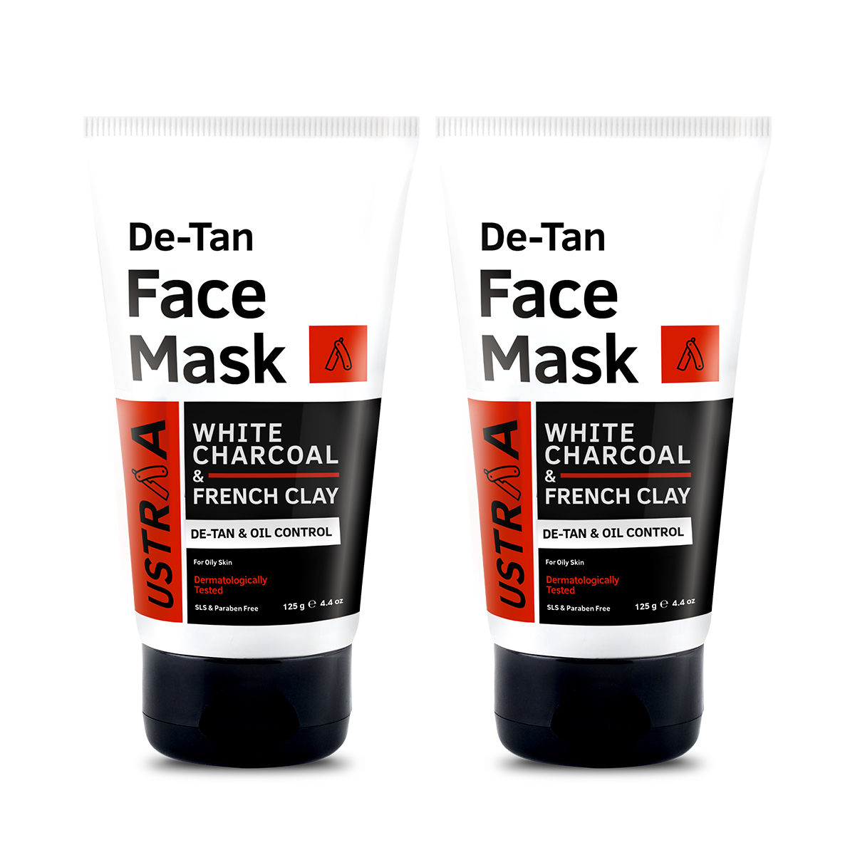 Ustraa De Tan Face Mask for Men with Oily Skin 125 g - For Tan Removal and Even Skin Tone with White Charcoal, Aloe Vera, Kaolin Clay and Olive Oil