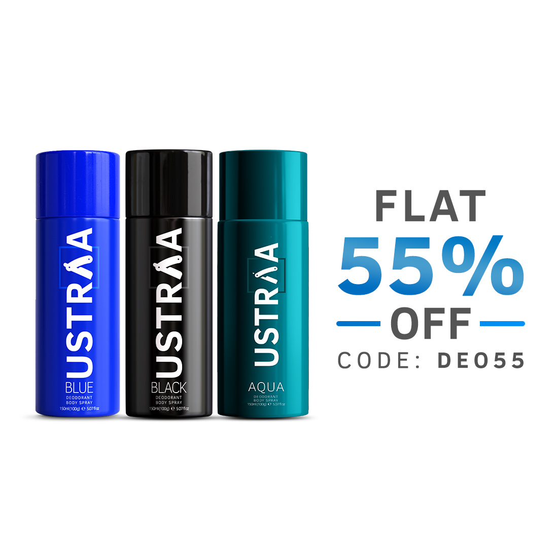 Ustraa Deodorant Body Spray - 150 ml - Black,Blue & Aqua- Set of 3