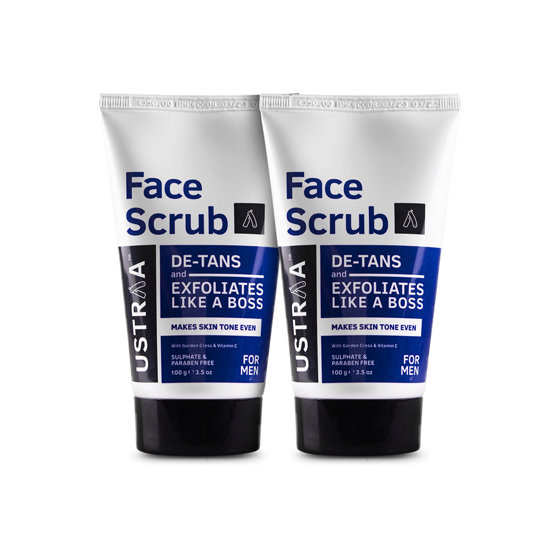 Ustraa De-Tan Face Scrub for Men, Dermatologically Tested, For Tan Removal & Even Skin Tone, For All Skin Types, Prevent Dark Spots, Without Bleach, No Sulphates, No Parabens,