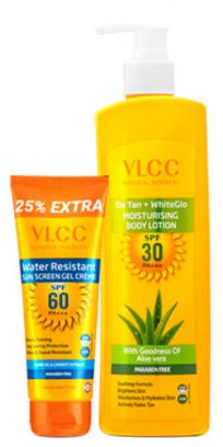 VLCC Water Resistant Sunscreen SPF 60 PA+++ & DeTan + WhiteGlow Moisturising Body Lotion SPF 30 PA+++