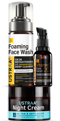 Foaming Face Wash - For Skin Brightening ,Night Cream - De-tan and Anti-aging & 20% Vitamin C Face Serum with Hyaluronic Acid