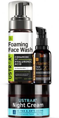 Foaming Face Wash - For Sensitive Skin ,Night Cream - De-tan and Anti-aging & 20% Vitamin C Face Serum with Hyaluronic Acid