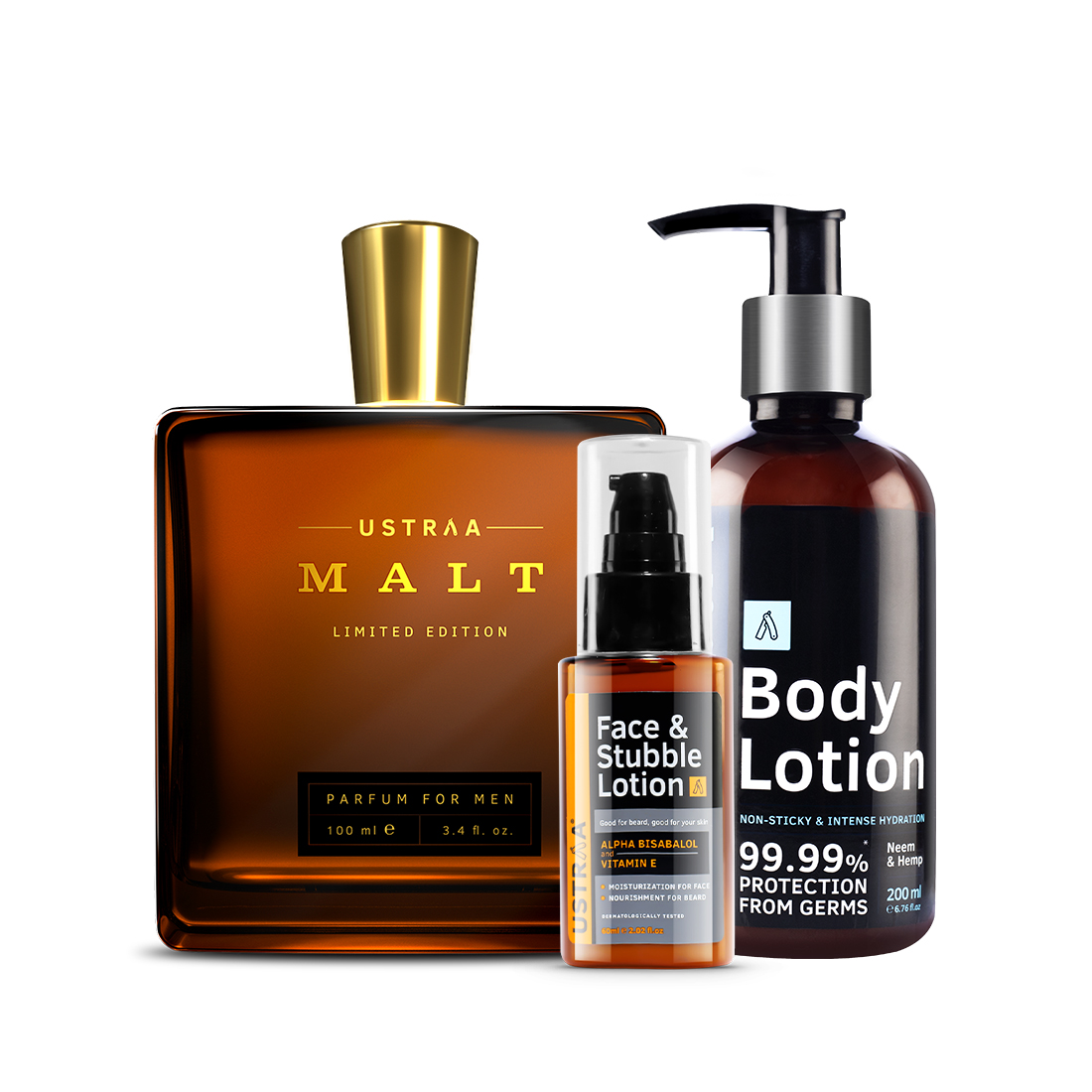 Ustraa Malt Perfume & Face & Stubble Lotion & Body Lotion